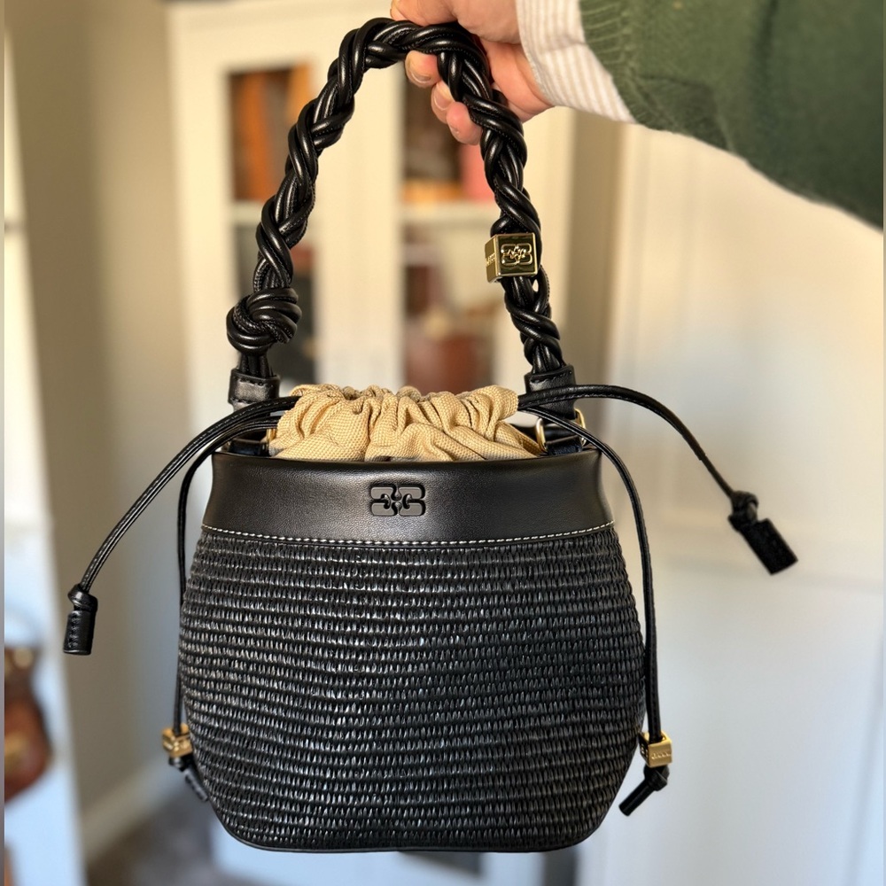 Black GANNI Bou Bucket Bag Raffia